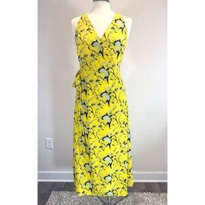 DVF Wrap Dress Maxi Silk Yellow Floral Tie Waist Size 8 READ DESCRIPTION